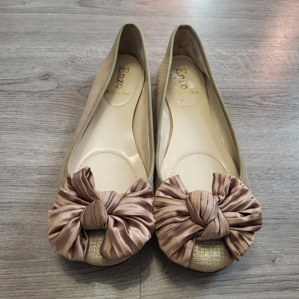 Enzo Angiolini Gold Ballet Flats Satin Bow Champagne Y2K Balletcore size 8.5